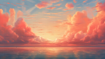 Poster - Pink and Orange Sunset Over the Ocean - Illustration