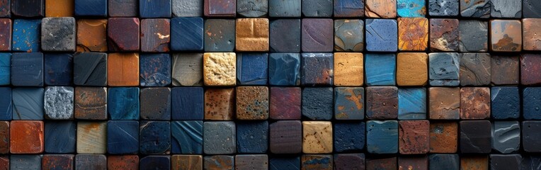 Wall Mural - Dark Blue Grunge Mosaic Cement Wall Texture - Seamless Pattern for Background or Banner