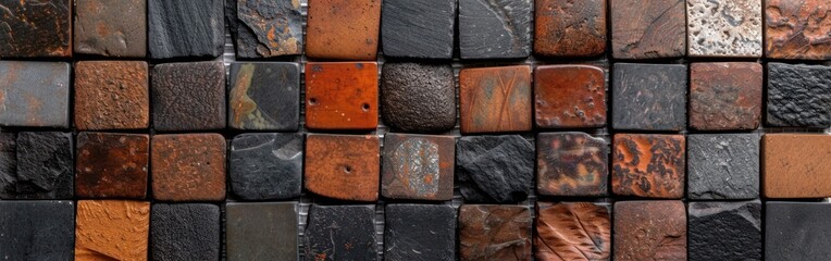 Wall Mural - Vintage Shabby Patchwork Tile Wall Texture Background Banner in Old Black Anthracite Stone Concrete Cement