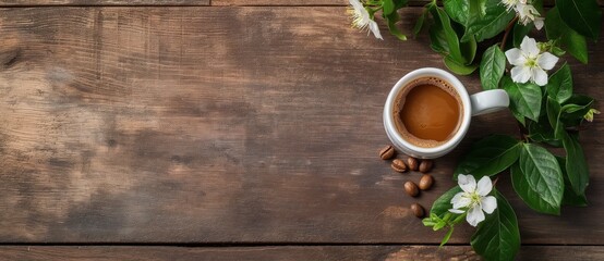 Poster - coffee and flowers on a wooden table