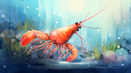 Wall Mural - Shrimp under at sea watercolor style