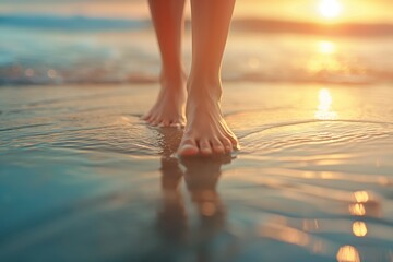 Sticker - a womans bare feet walking on the beach at sunset