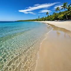 A serene beach scene with golden sand, crystal clear blue water, and a clear sky, peaceful, sunny, inviting, tropical vibes.