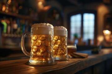 Wall Mural - beer mugs on a bar counter