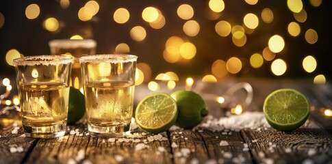 Canvas Print - tequila and lime on a wooden table with bokeh lights