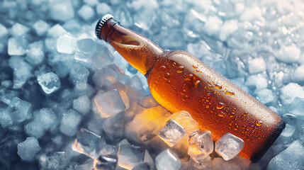 Poster - Brown beer bottle laying on a bed of ice cubes