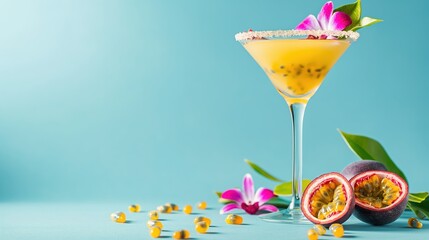 Poster - a tropical passion fruit cocktail on a blue background