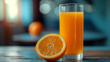 Poster - Refreshing orange juice with cut orange on rustic wooden table