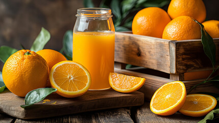 Poster - Glass jar of freshly squeezed orange juice surrounded by oranges