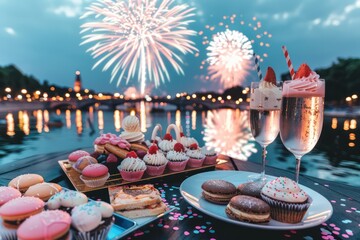 Wall Mural - Festive New Year's Eve Party with Fireworks and Gold Frame on Dark Night Sky Background