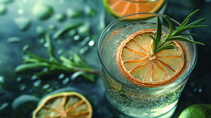 Poster - Glass of gin and tonic is garnished with dried orange and rosemary
