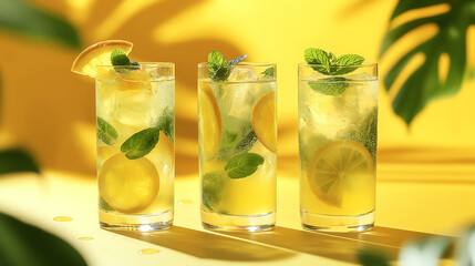 Poster - Three refreshing cold citrus lemonades with ice cubes, lemon and orange slices and fresh mint leaves on yellow background with tropical plants