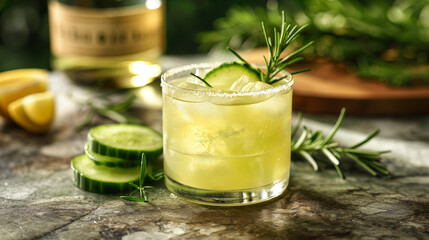 Poster - Refreshing summer cocktail with cucumber and rosemary being poured into glass