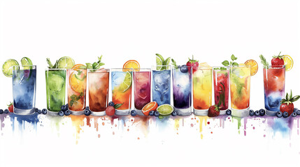Poster - Watercolor illustration depicting a variety of refreshing summer cocktails