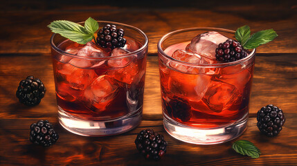 Poster - Blackberry cocktail with fresh mint on rustic wooden table