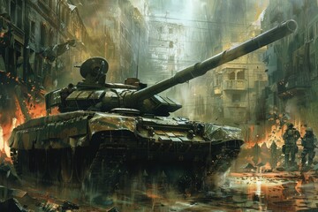 Wall Mural - a painting of a tank on a city street