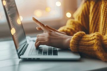 Woman Typing on Laptop Keyboard in Office Close-Up Digital Technology Online Work Business Communication