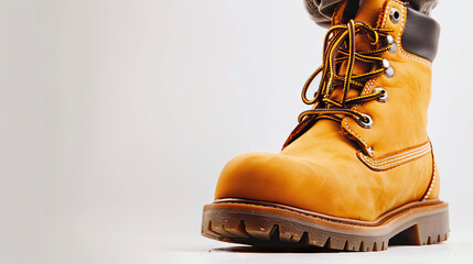 Sturdy work boots on white background with copy space for labor day.