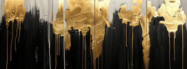 Abstract Black and Gold Painting Dripping on White Background with Textured Brushstrokes and Geometric Spatula Technique, Oil Acrylic on Canvas