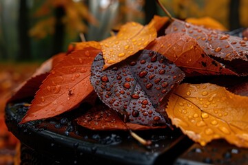 Wall Mural - Autumnal Dew Drops on Park's Fallen Leaves