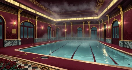 interior of bathhouse spa indoor swimming pool hot tub in palace mansion castle house. steam and fog. luxurious greek and gothic style resort with flower petals scattered on red tile and water.