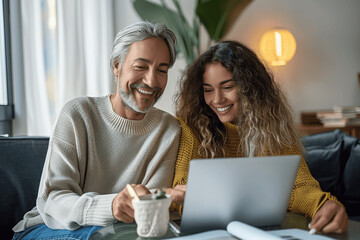 Wall Mural - Happy Mature Businessman and Young Female Colleague Collaborating on Laptop in Office Meeting