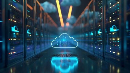 Poster - Glowing blue cloud computing technology in server room
