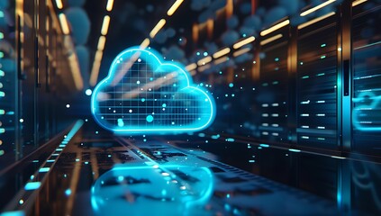 Poster - Glowing blue cloud computing technology in a futuristic server room