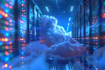 Poster - Glowing blue cloud of data enveloping a futuristic server room