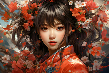 Wall Mural - Beautiful Anime Girl in Red Flowers Illustration