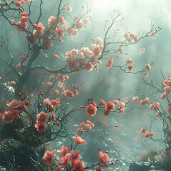 Wall Mural - Misty Peach Blossom Forest Illustration