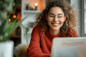 Wall Mural - Happy woman using laptop at home for remote work or online learning, smiling young lady in red sweater with glasses writing notes, virtual call or class, casual and professional lifestyle