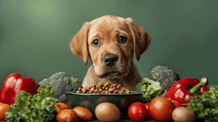 Labrador Puppy with Bowl of Healthy Dog Food and Fresh Vegetables on Green Background