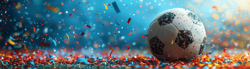 Soccer Ball Celebration with Colorful Streamers on Blue Background - Football Match Festival Concept