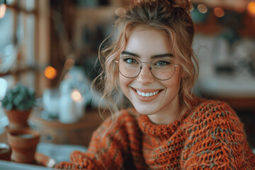 Wall Mural - Happy young woman using laptop sitting at desk taking notes while watching webinar, studying online, attending virtual classes or remote meetings, working from home, smiling at computer screen