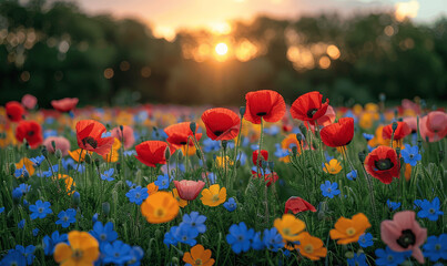 Canvas Print - Meadow with Colorful Wildflowers and Sunset Light - Summer Nature Scene with Sunbeams and Wild Blooms