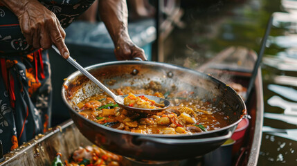 A close-up of a vendor preparing a traditional Thai dish in a floating kitchen boat