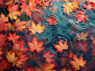 Wall Mural - Red maple leaves falling onto water making ripples. 