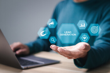 Wall Mural - lead generation concept, analysis of financial business marketing strategies, businessman using lapt