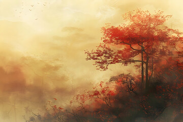 Wall Mural - Autumnal Forest Illustration - Misty Landscape with Red Trees