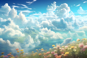 Canvas Print - Fantasy Landscape with Fluffy Clouds and Flowers Illustration