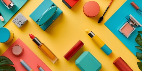 Wall Mural - Colorful Makeup Products on Yellow, Teal and Coral Background Illustration