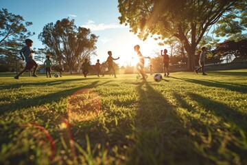 Canvas Print - Diverse school kids playing soccer outdoors field football.