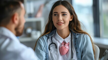 Canvas Print - A woman wearing a white shirt and blue jacket is sitting in a room with a man