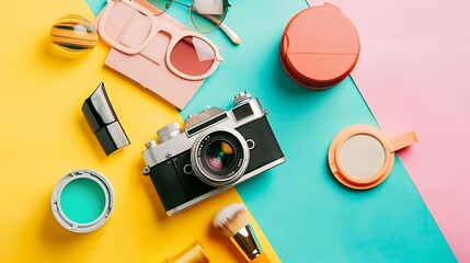 Poster - Vintage Camera with Cosmetics and Sunglasses on Colorful Background - Illustration