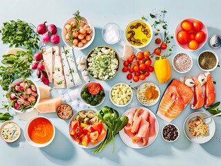 Poster - Food Ingredients for Salmon Recipe: Fresh Salmon, Vegetables and Spices in Bowls Photo