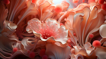 Wall Mural - Abstract 3D Floral Background with Pink and Orange Flowers