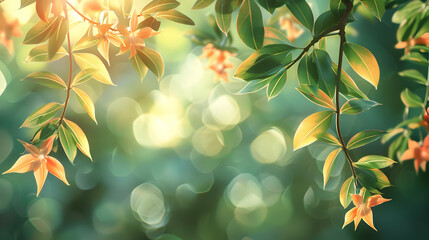 Wall Mural - Green Leaves and Flowers in Sunlight - Illustration