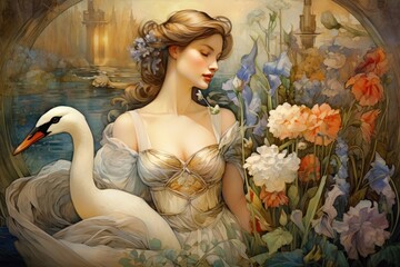 Poster - Goose and flowers art painting wedding.