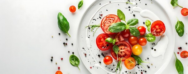 Wall Mural - Fresh Tomato and Basil Salad with White Sauce - Food Photography